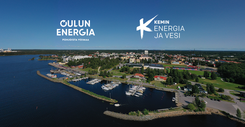 Ilmakuva Kemin kaupungista. Kuvaan on lisätty Oulun Energian ja Kemin Energia n ja Veden logot. 