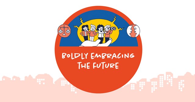 Four cartoon characters stand on the palm of a person. The text below says "Boldly embracing the future".