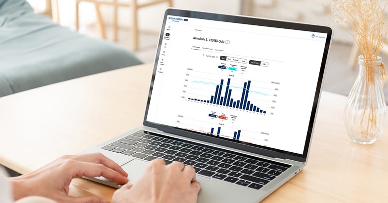 Oulun Energian Digipalvelu avattuna tietokoneen näytöltä. Näytöllä energiankulutuskaavioita.